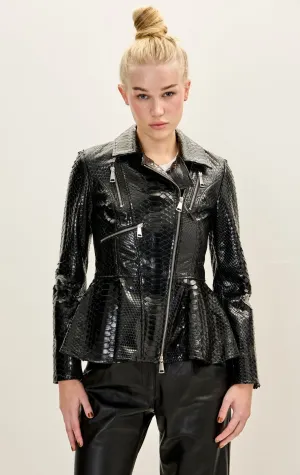 Snakeskin Fitted Peplum Jacket- Black