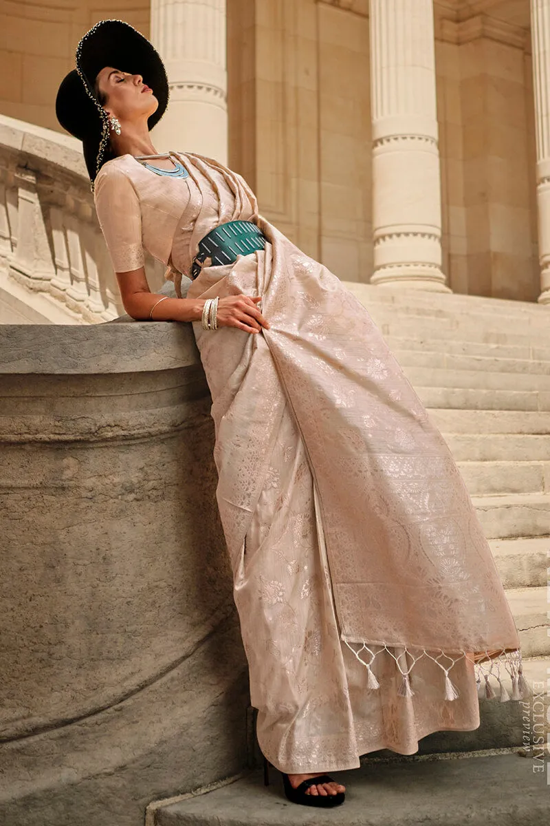 Staggering Beige Soft Banarasi Silk Saree With Sempiternal Blouse Piece