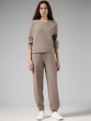 Studiofit Beige Ribbed High-Waisted Joggers