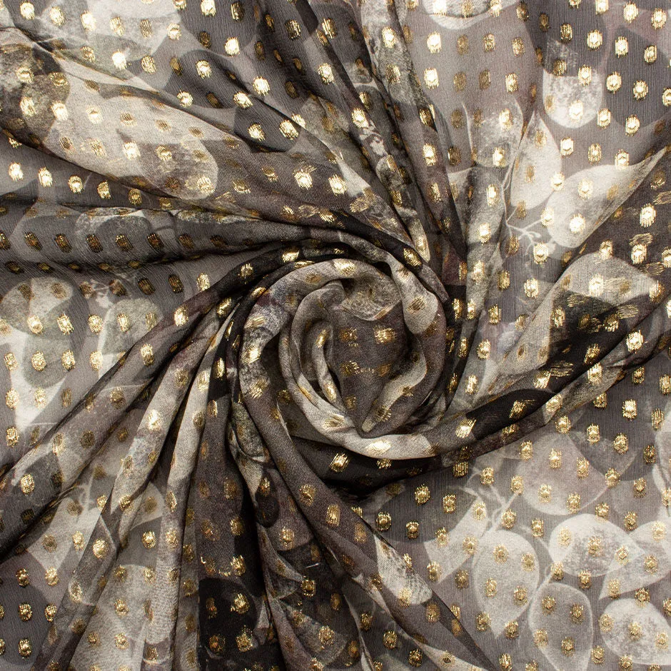 Tonal Grey & Gold Lurex Spotted Pure Silk Georgette