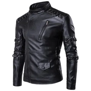 Trend4us Men's Stylish Lace-Up Faux Leather Biker Jacket