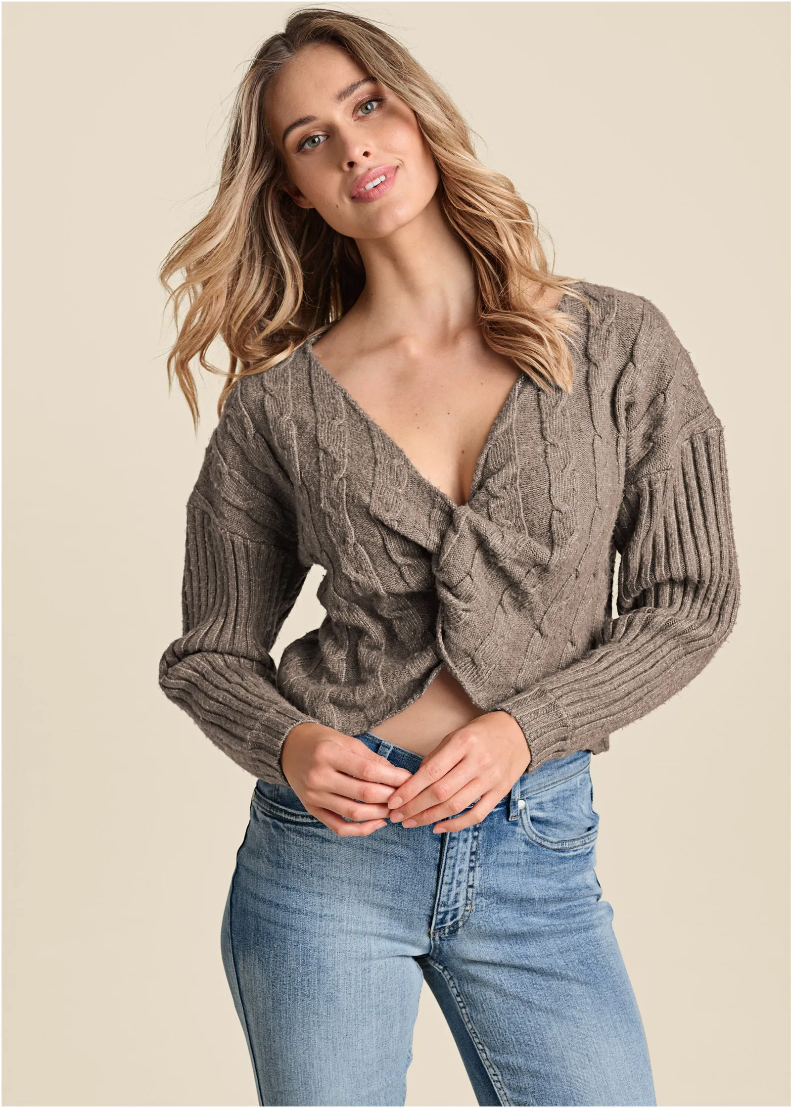 Twist Front Sweater - Brown