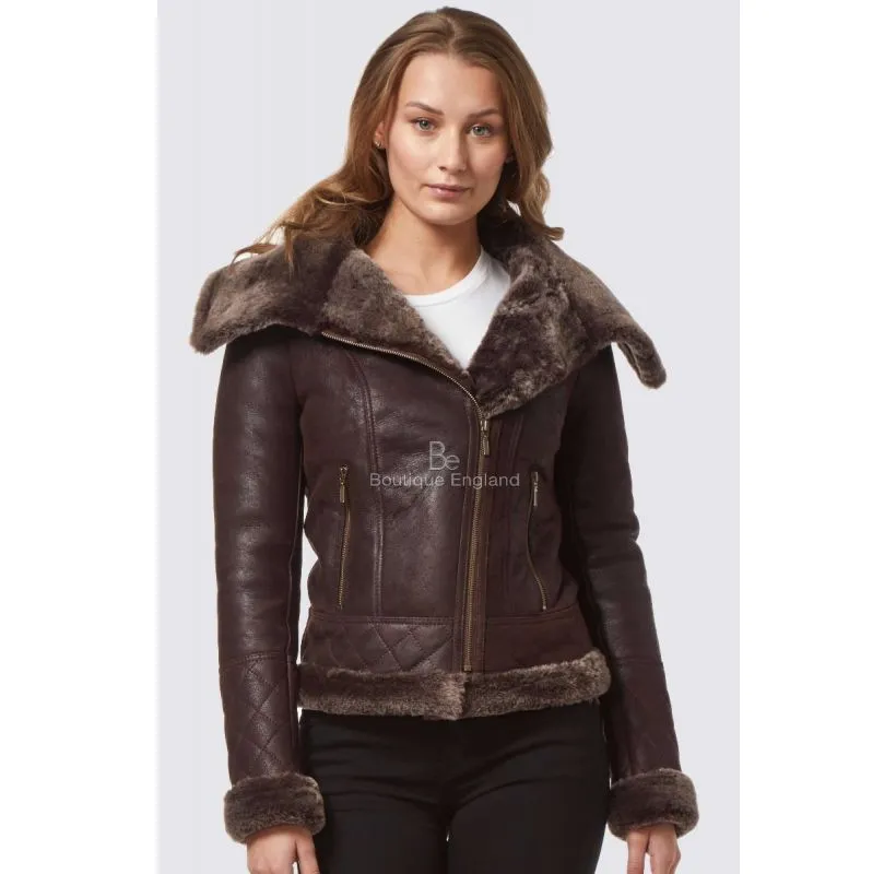 Women Fitted Sheepskin Aviator Jacket Big Collar Shearling Jacket