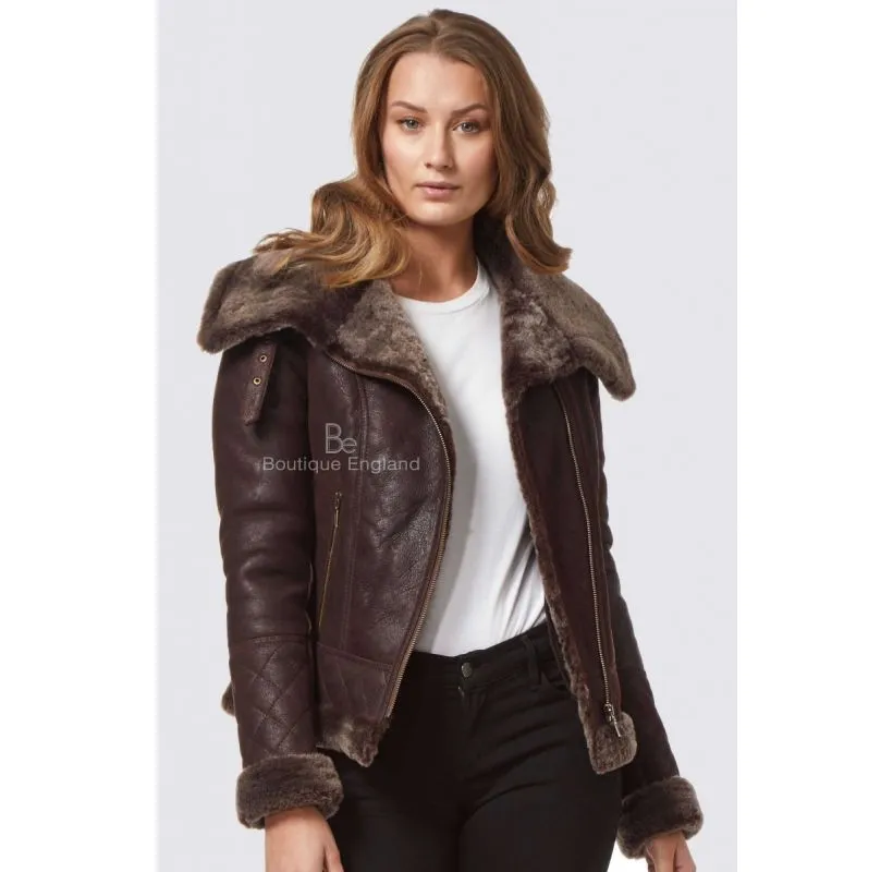 Women Fitted Sheepskin Aviator Jacket Big Collar Shearling Jacket