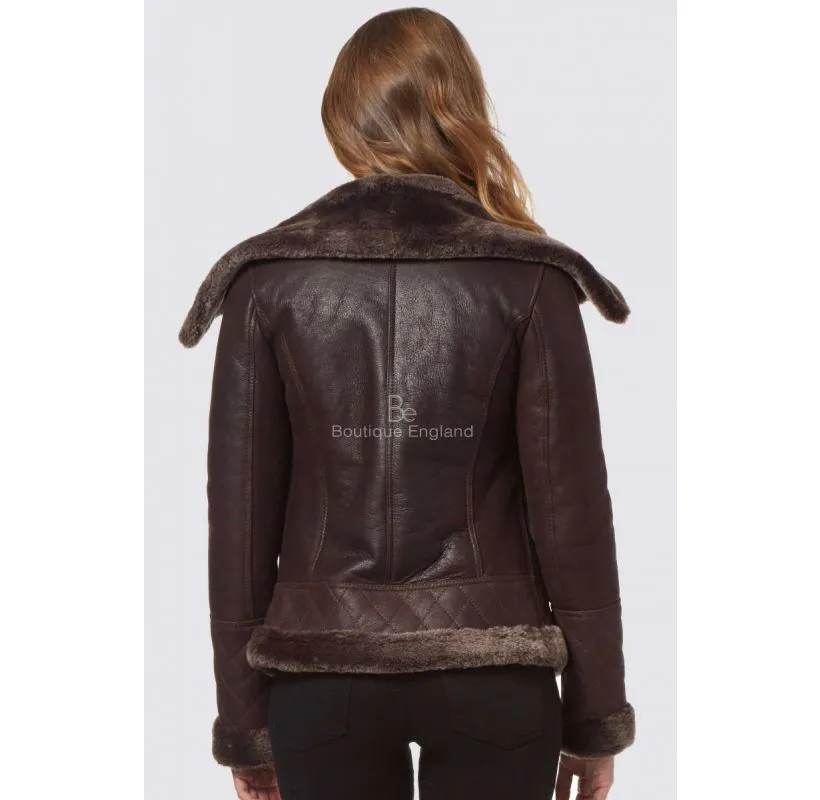 Women Fitted Sheepskin Aviator Jacket Big Collar Shearling Jacket