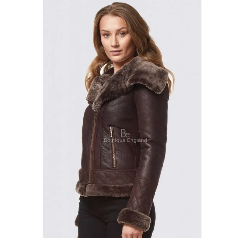 Women Fitted Sheepskin Aviator Jacket Big Collar Shearling Jacket