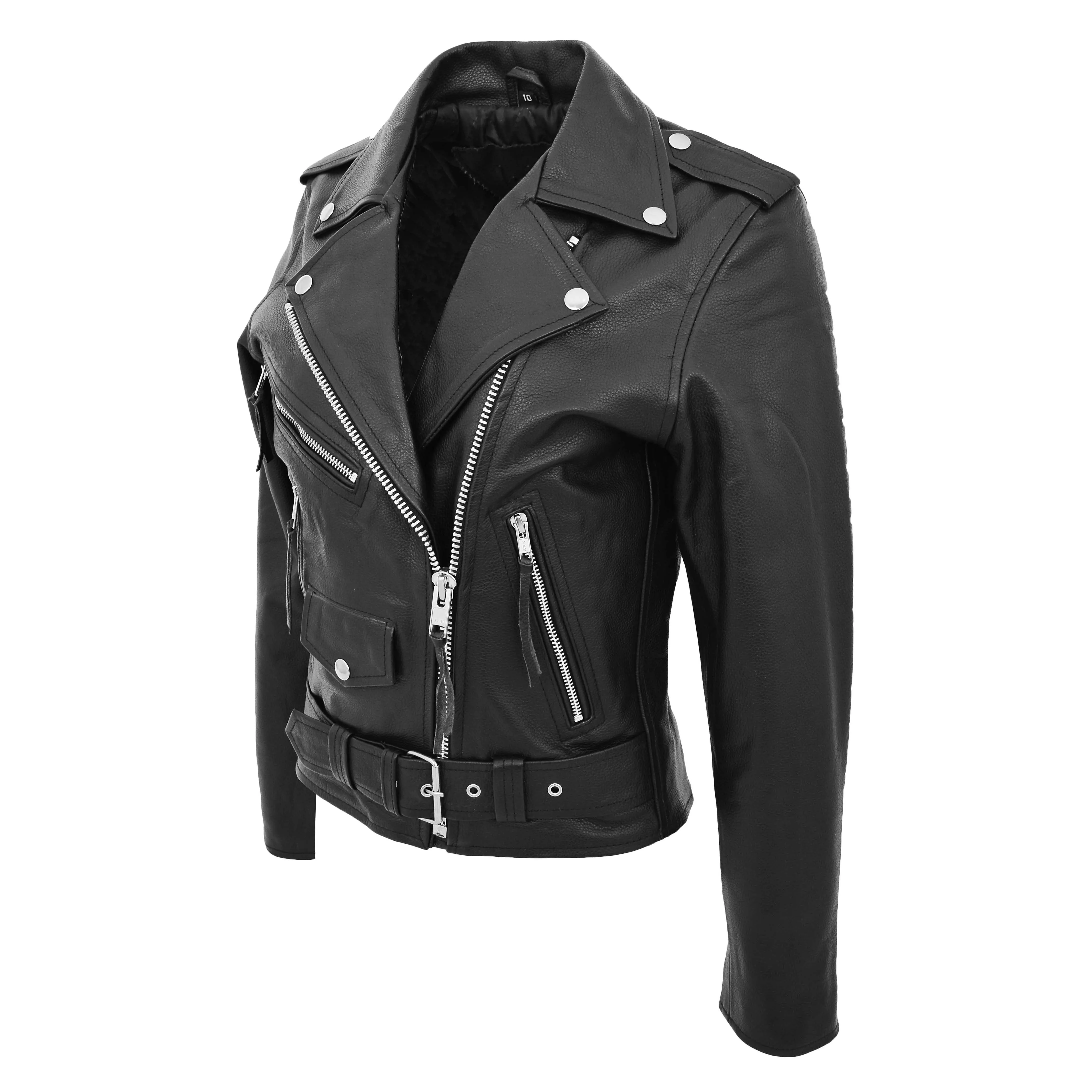 Womens Cowhide Biker Leather Jacket Brando Style Coat Helen Black