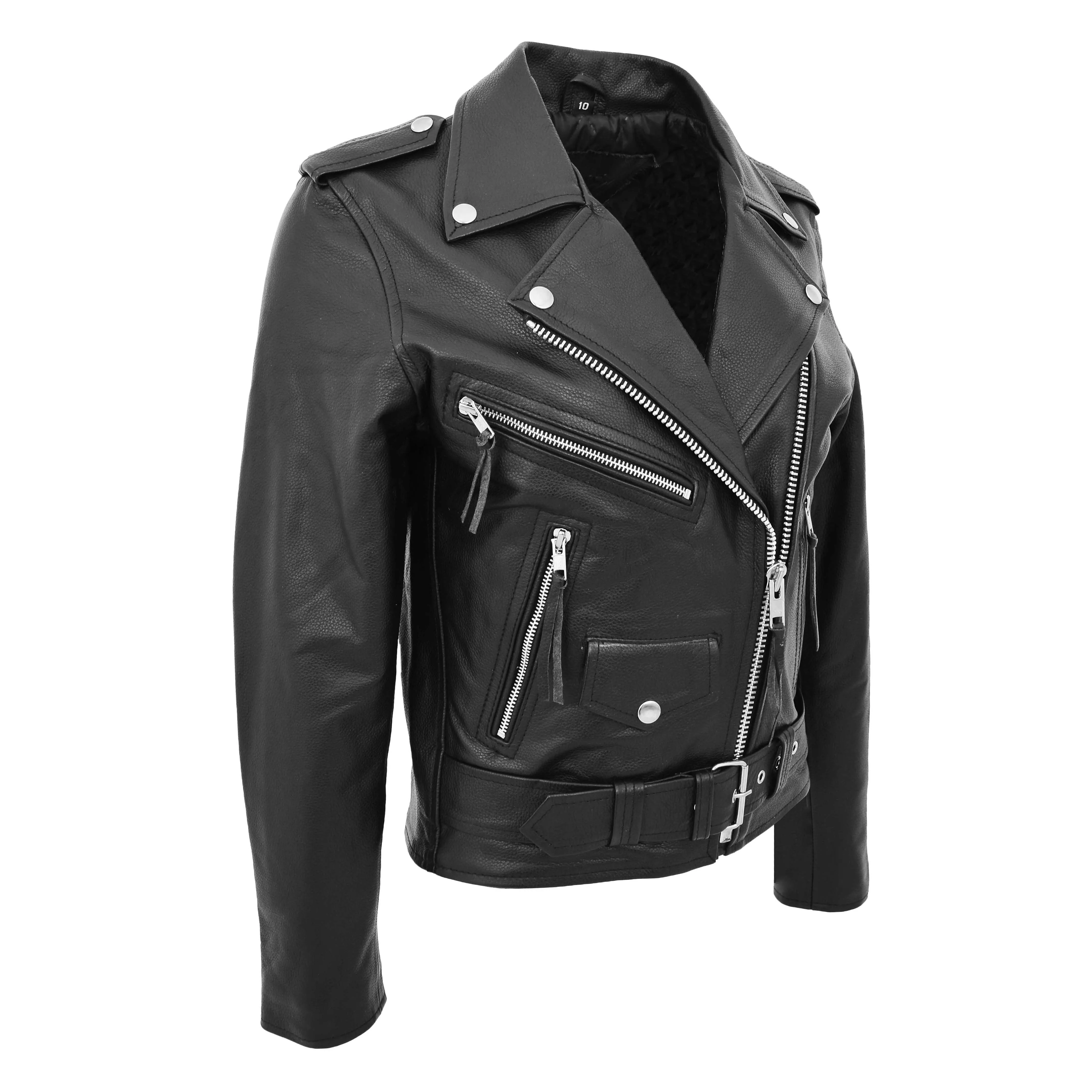 Womens Cowhide Biker Leather Jacket Brando Style Coat Helen Black