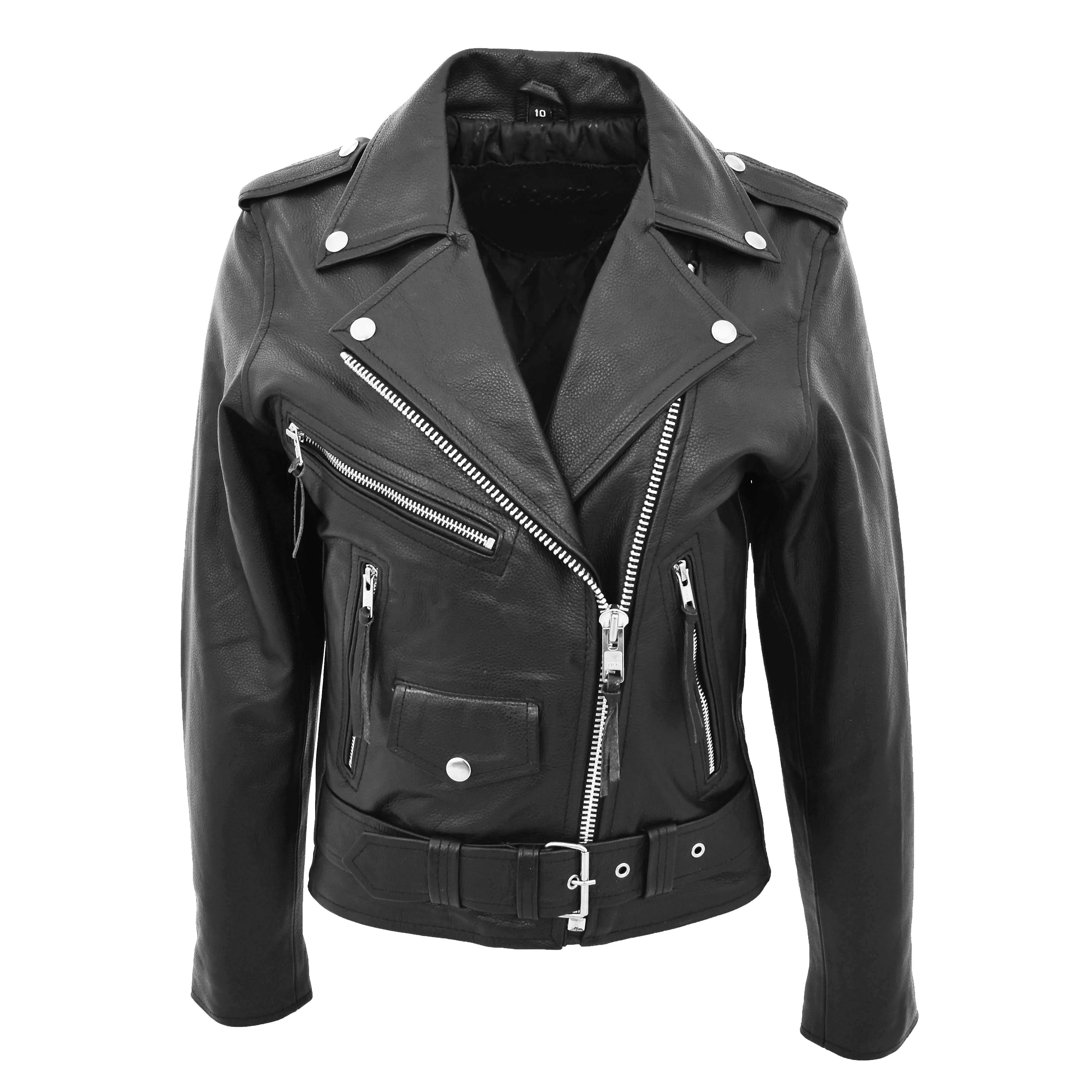 Womens Cowhide Biker Leather Jacket Brando Style Coat Helen Black