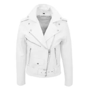 Womens Cowhide Biker Leather Jacket Brando Style Coat Helen White