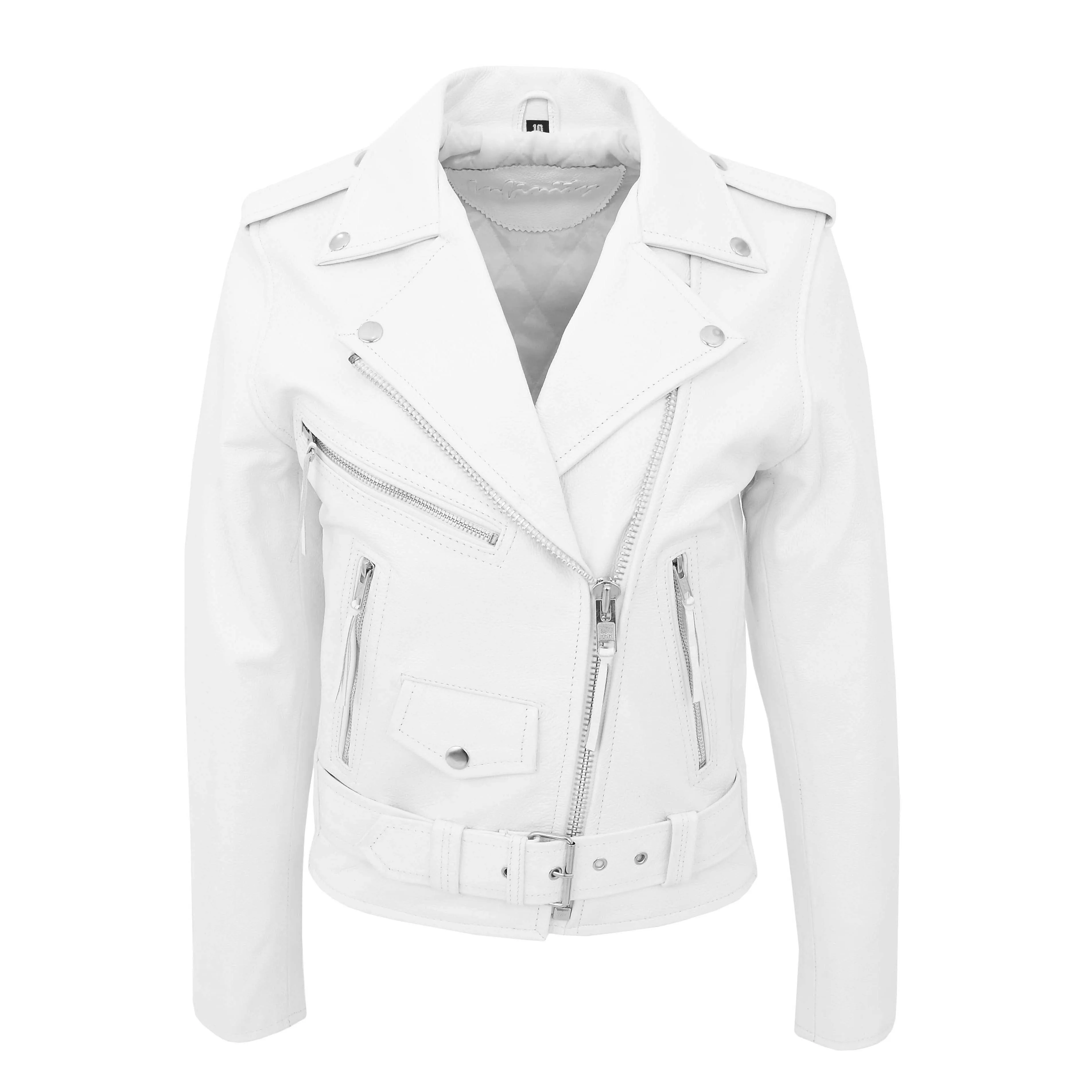 Womens Cowhide Biker Leather Jacket Brando Style Coat Helen White