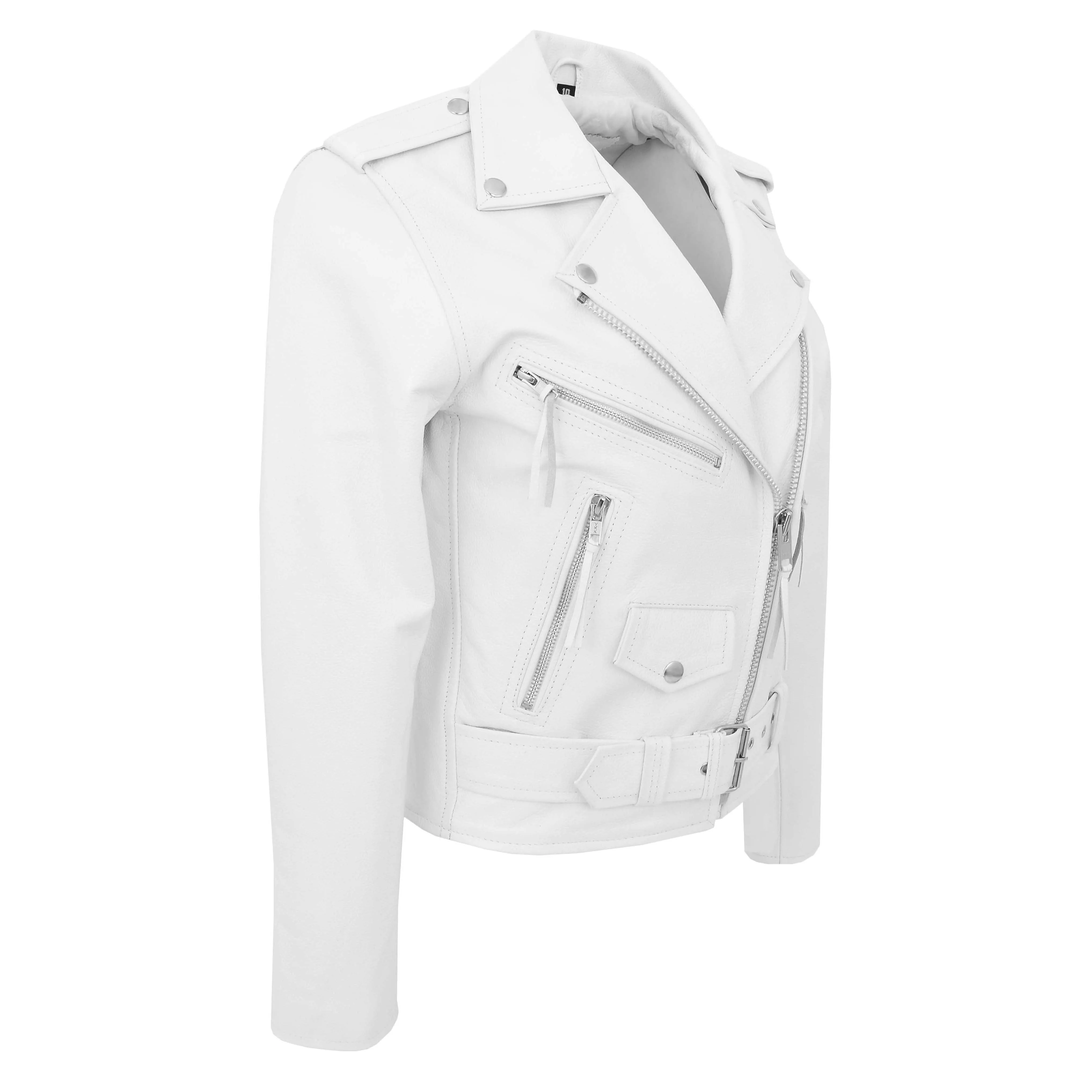 Womens Cowhide Biker Leather Jacket Brando Style Coat Helen White