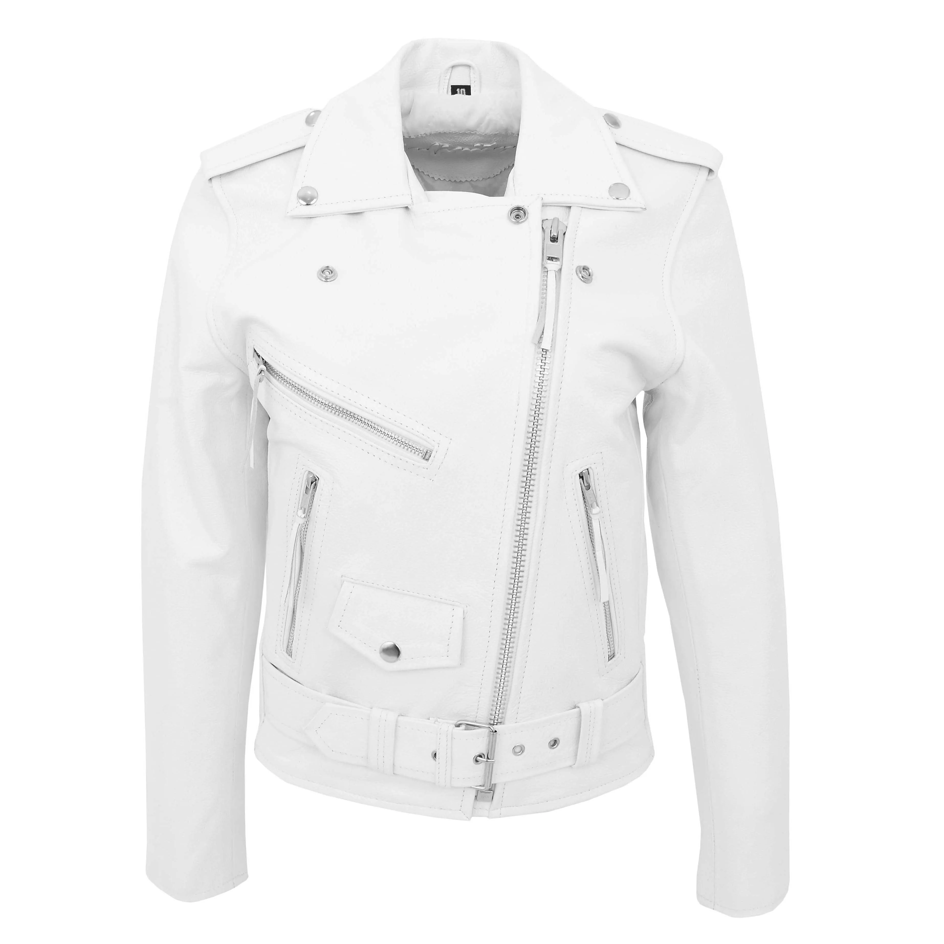 Womens Cowhide Biker Leather Jacket Brando Style Coat Helen White