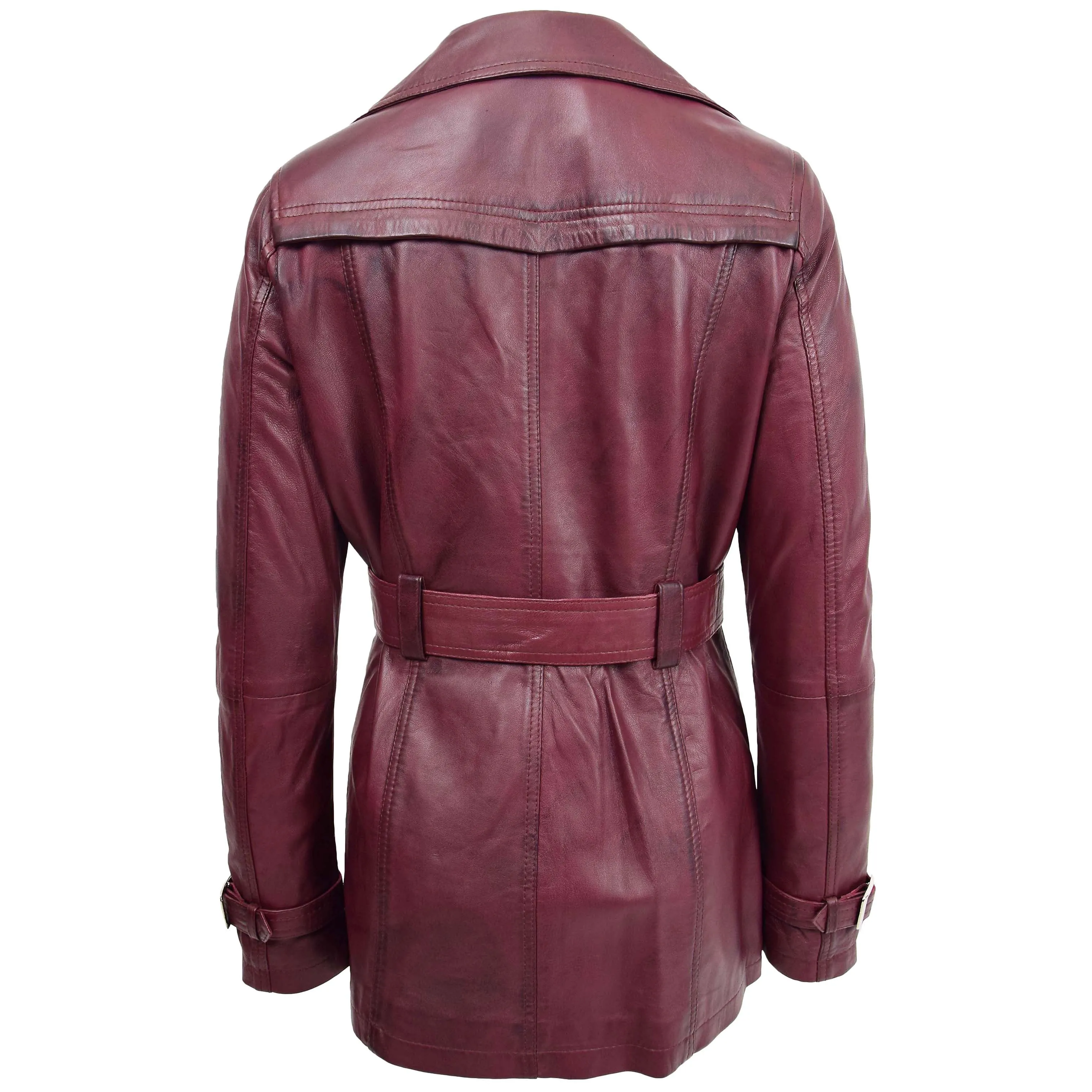 Womens Leather Double Breasted Trench Coat Sienna Burgundy