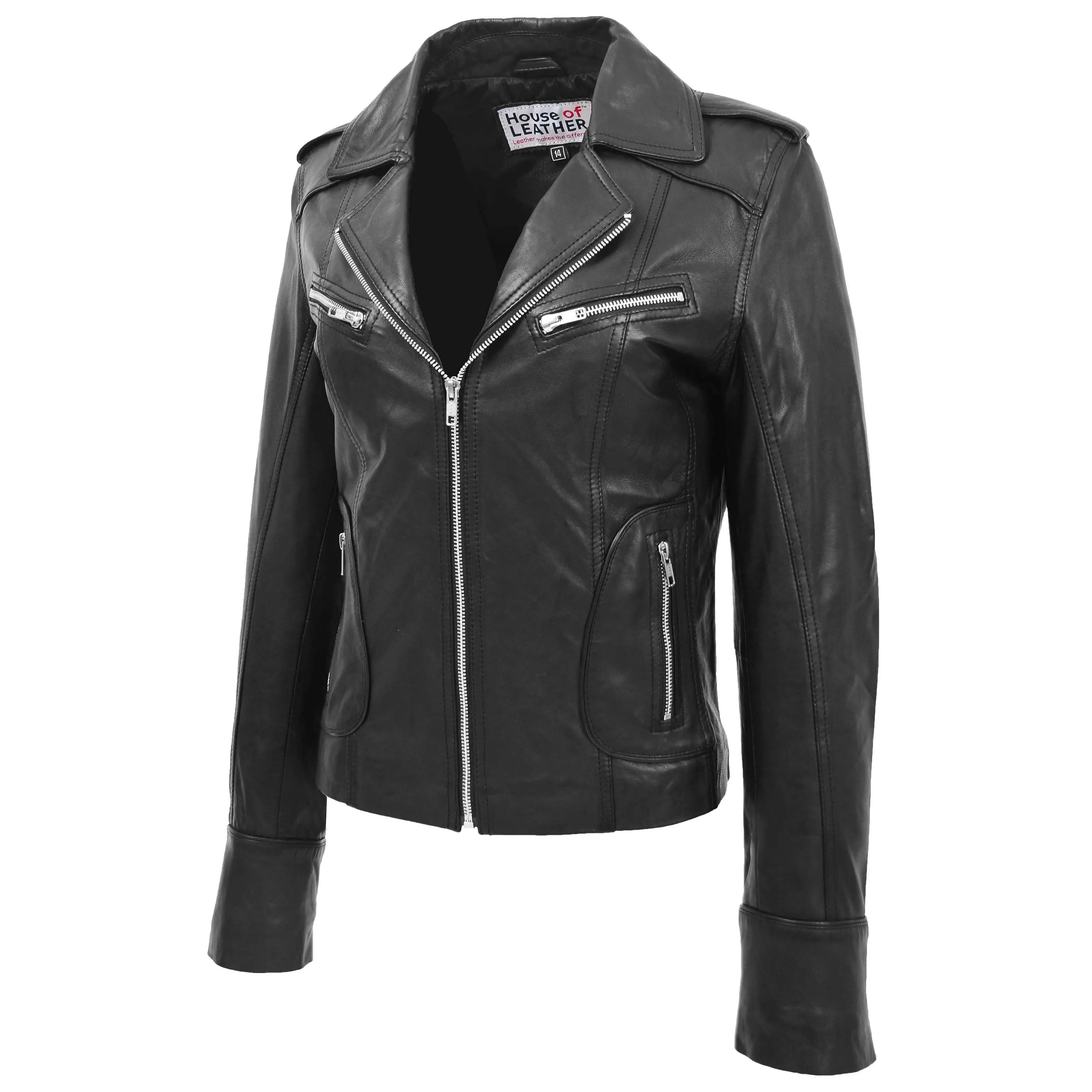 Womens Leather Fitted Biker Style Jacket Kim Black