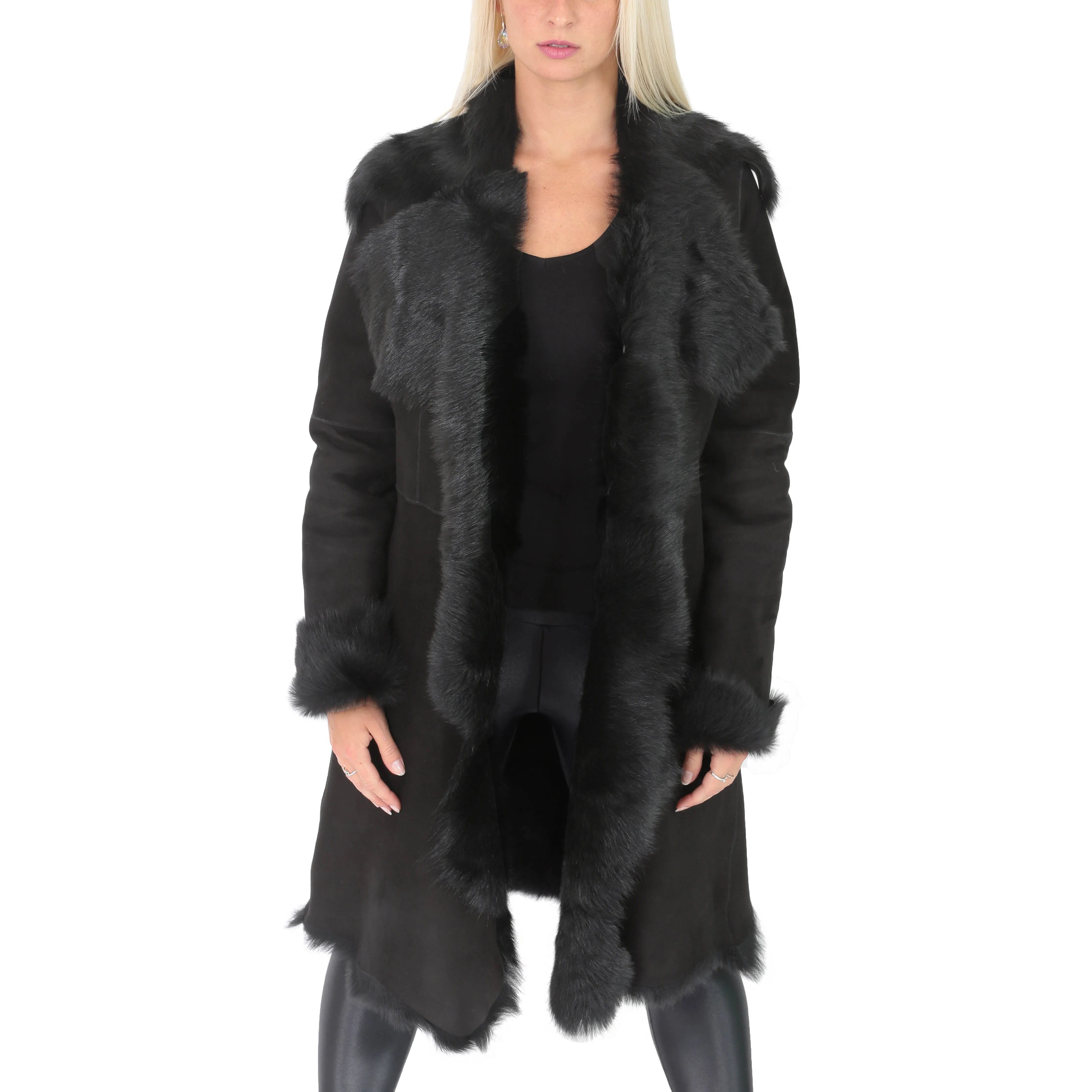 Womens Luxurious Toscana Long Coat Real Sheepskin Pamela Black