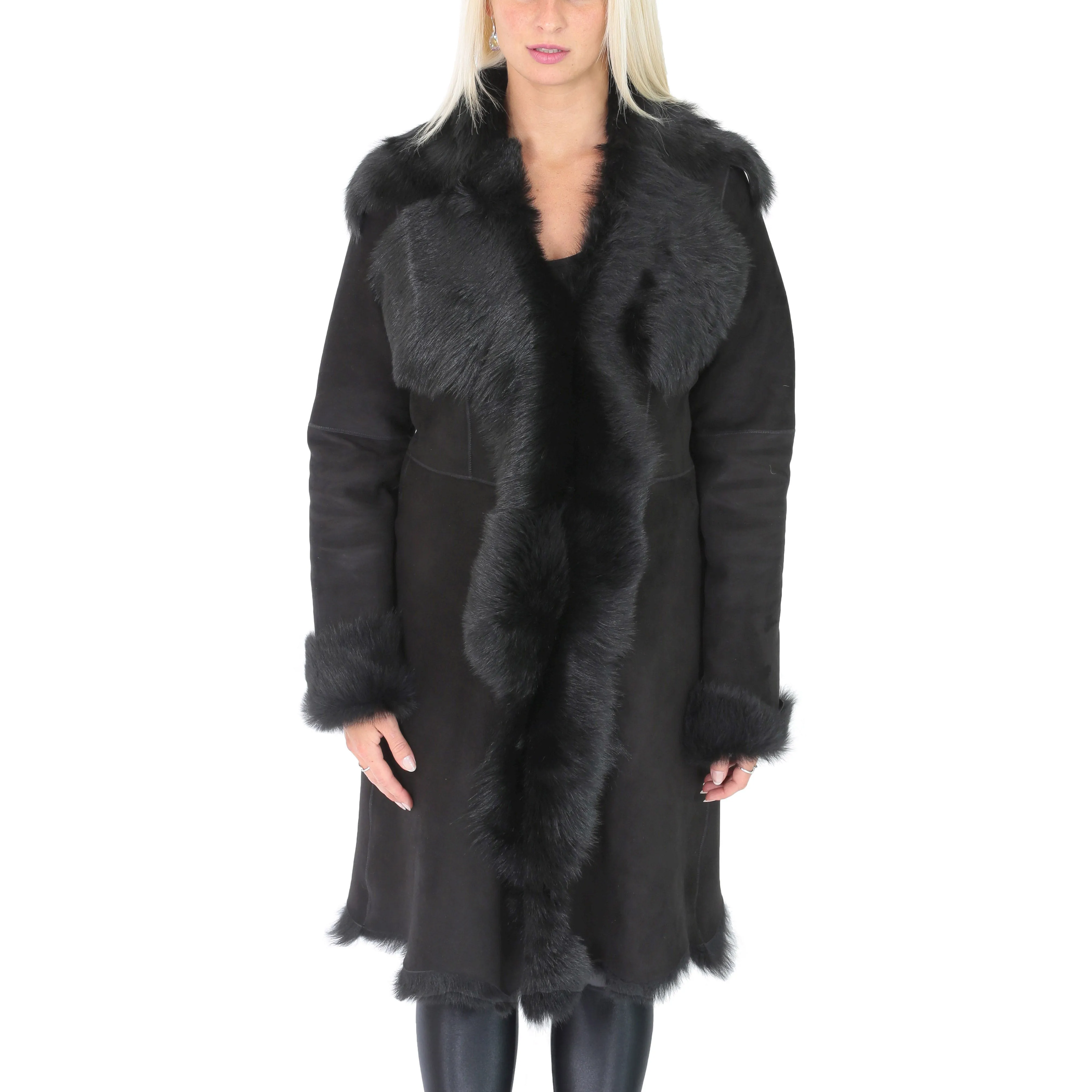 Womens Luxurious Toscana Long Coat Real Sheepskin Pamela Black