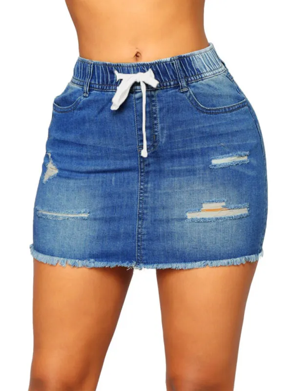 Women's Mini Denim Skirt With Elasticated Drawstring Waist