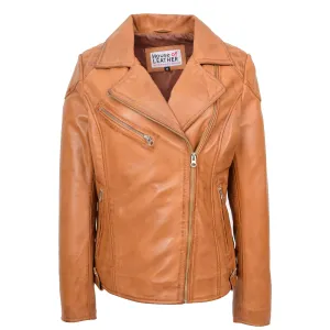 Womens Real Leather Biker Jacket Cross Zip Pockets Cherry Tan