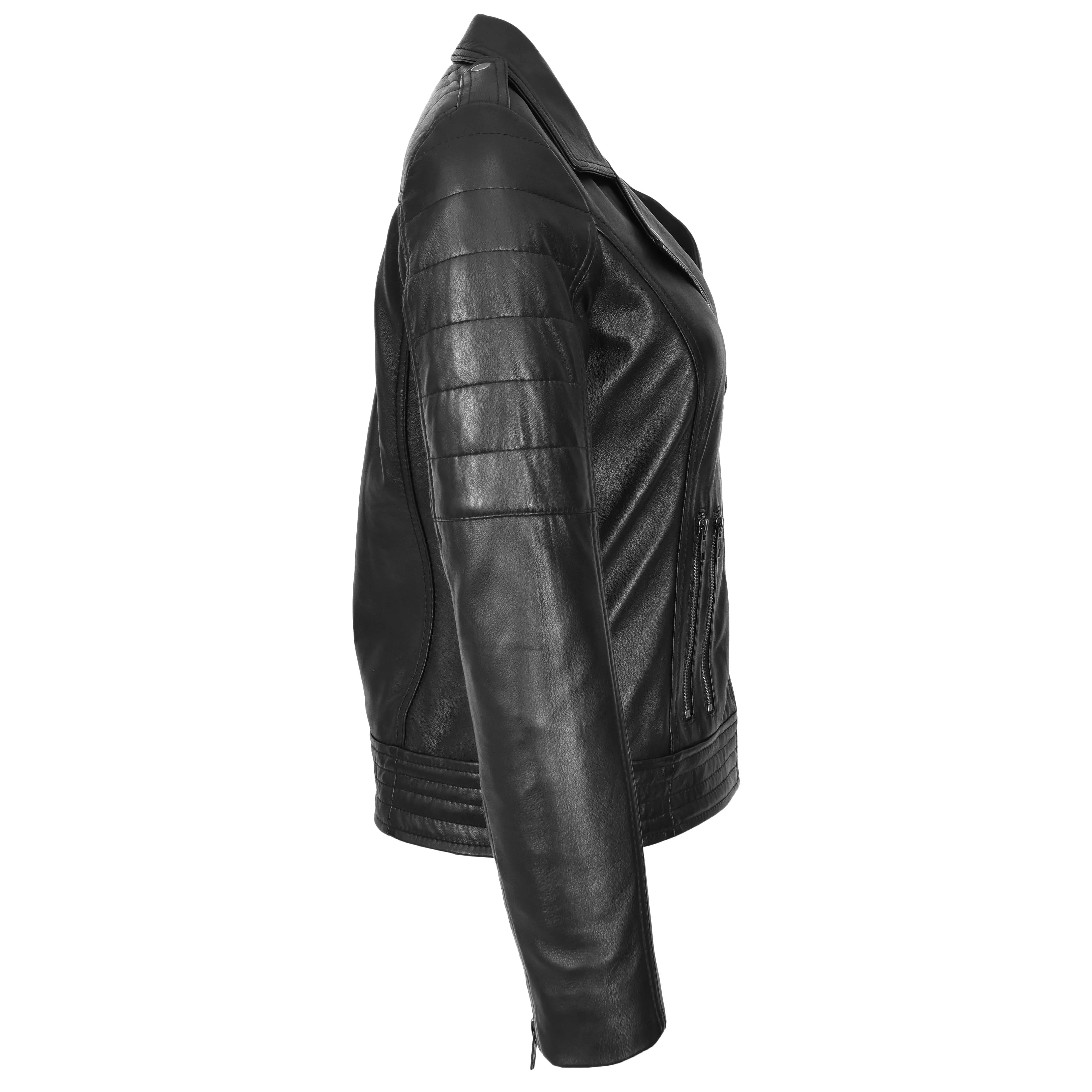 Womens Real Leather Biker Jacket Cross Zip Style Pam Black