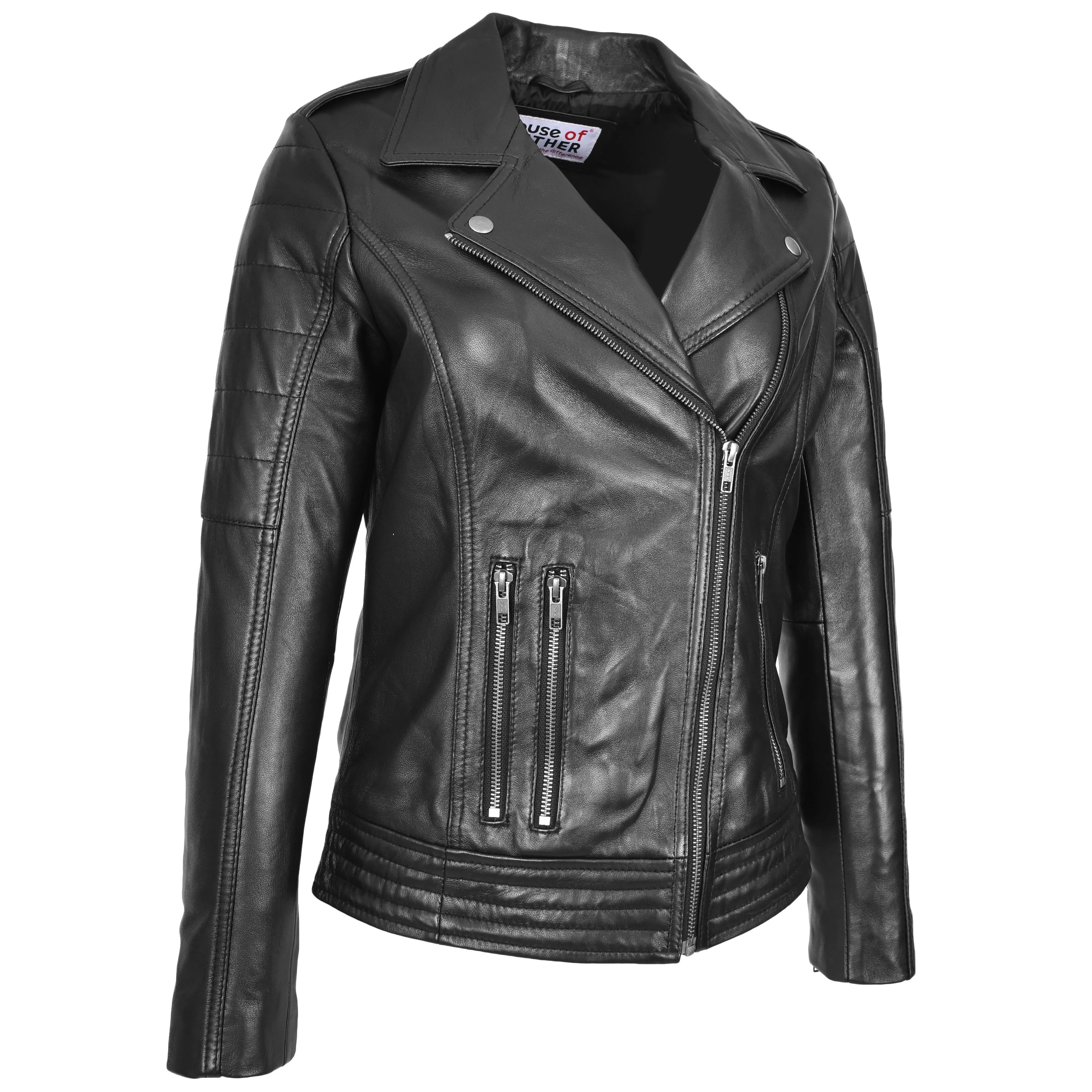 Womens Real Leather Biker Jacket Cross Zip Style Pam Black