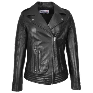 Womens Real Leather Biker Jacket Cross Zip Style Pam Black