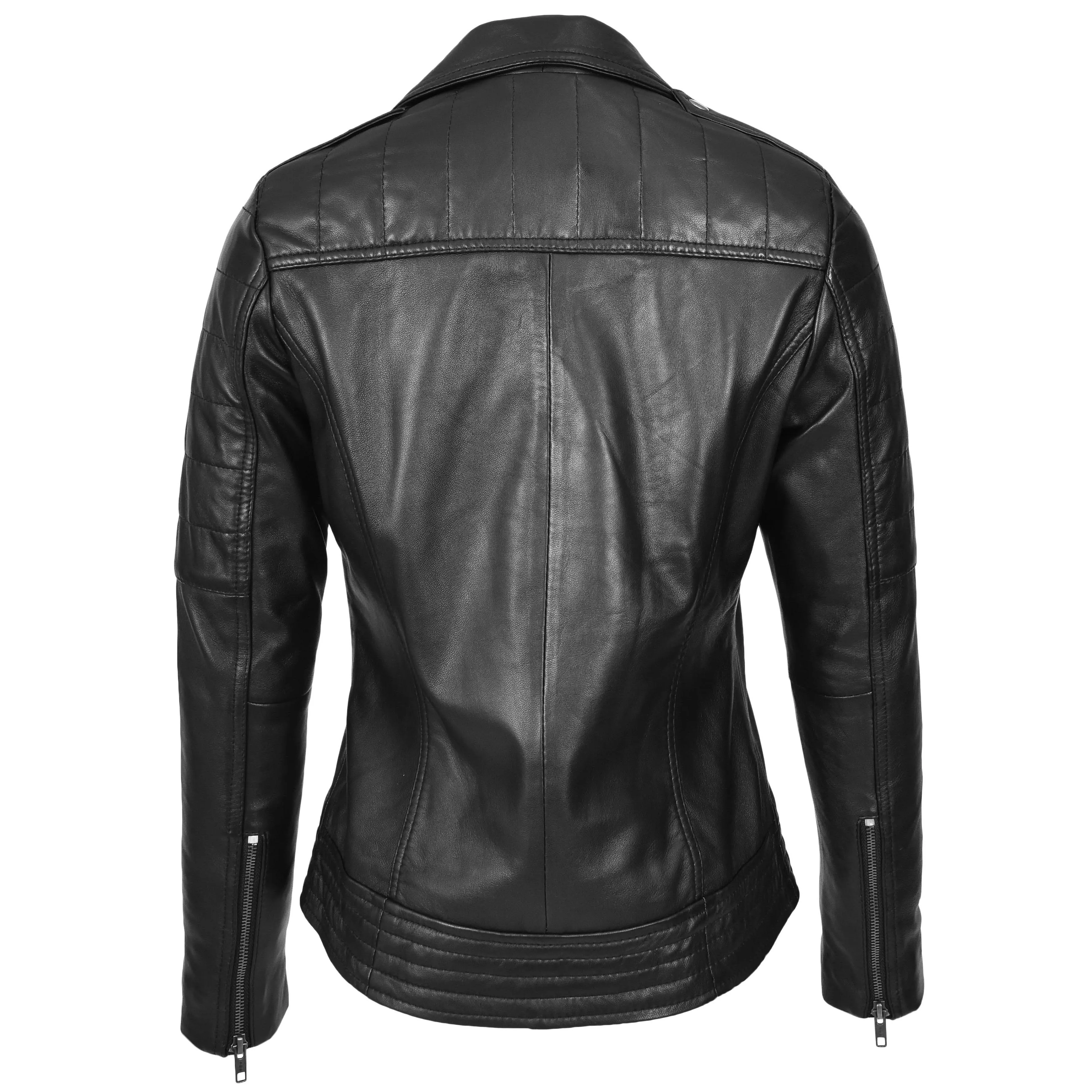 Womens Real Leather Biker Jacket Cross Zip Style Pam Black