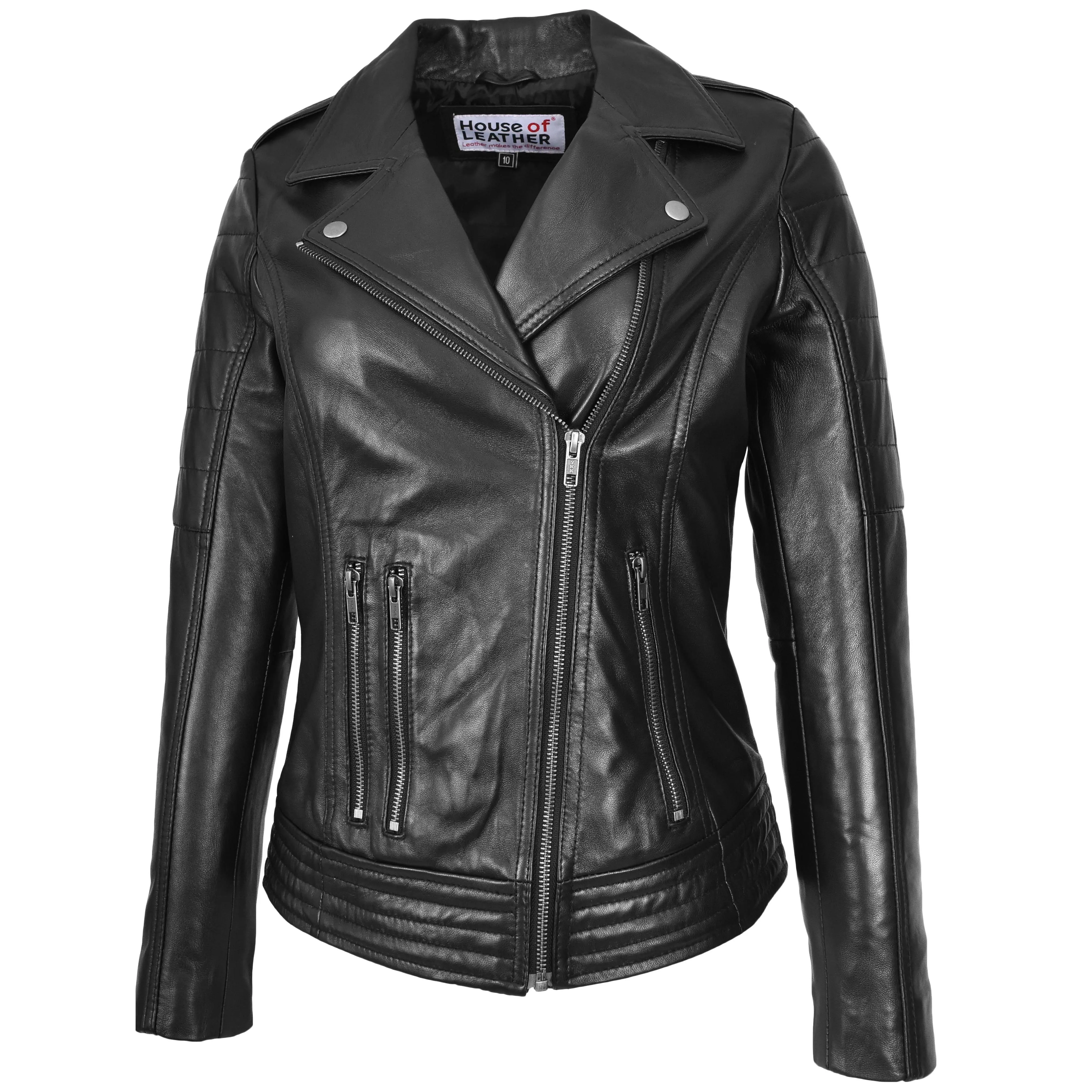 Womens Real Leather Biker Jacket Cross Zip Style Pam Black