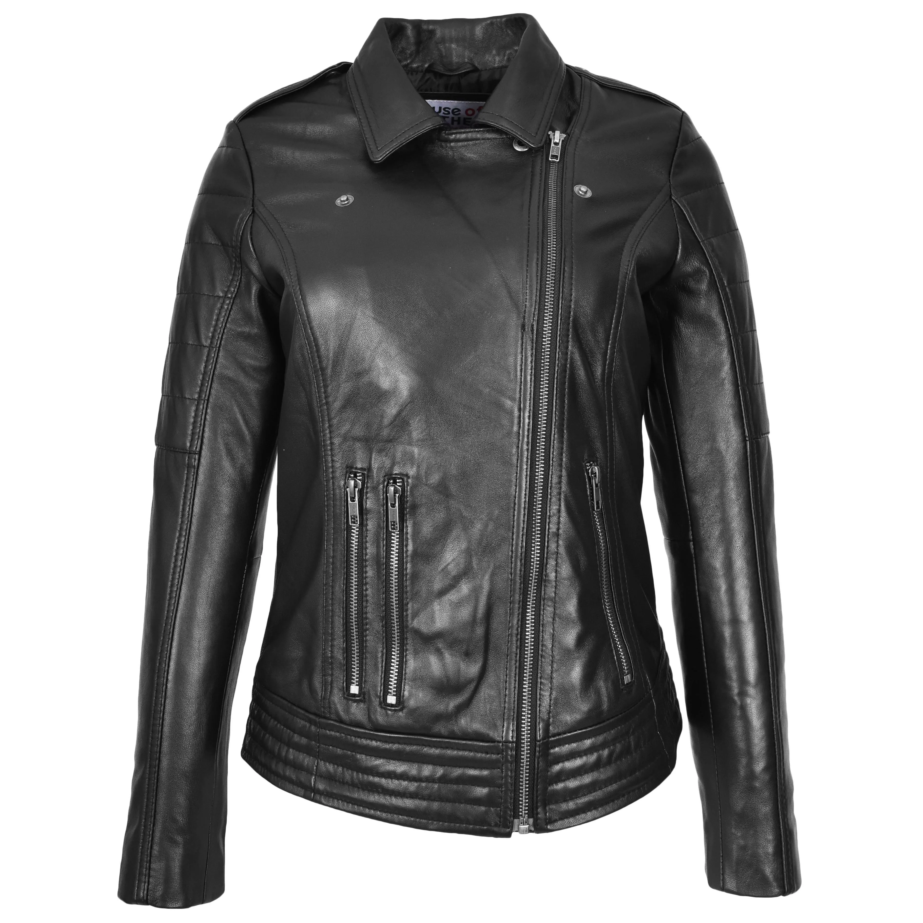 Womens Real Leather Biker Jacket Cross Zip Style Pam Black