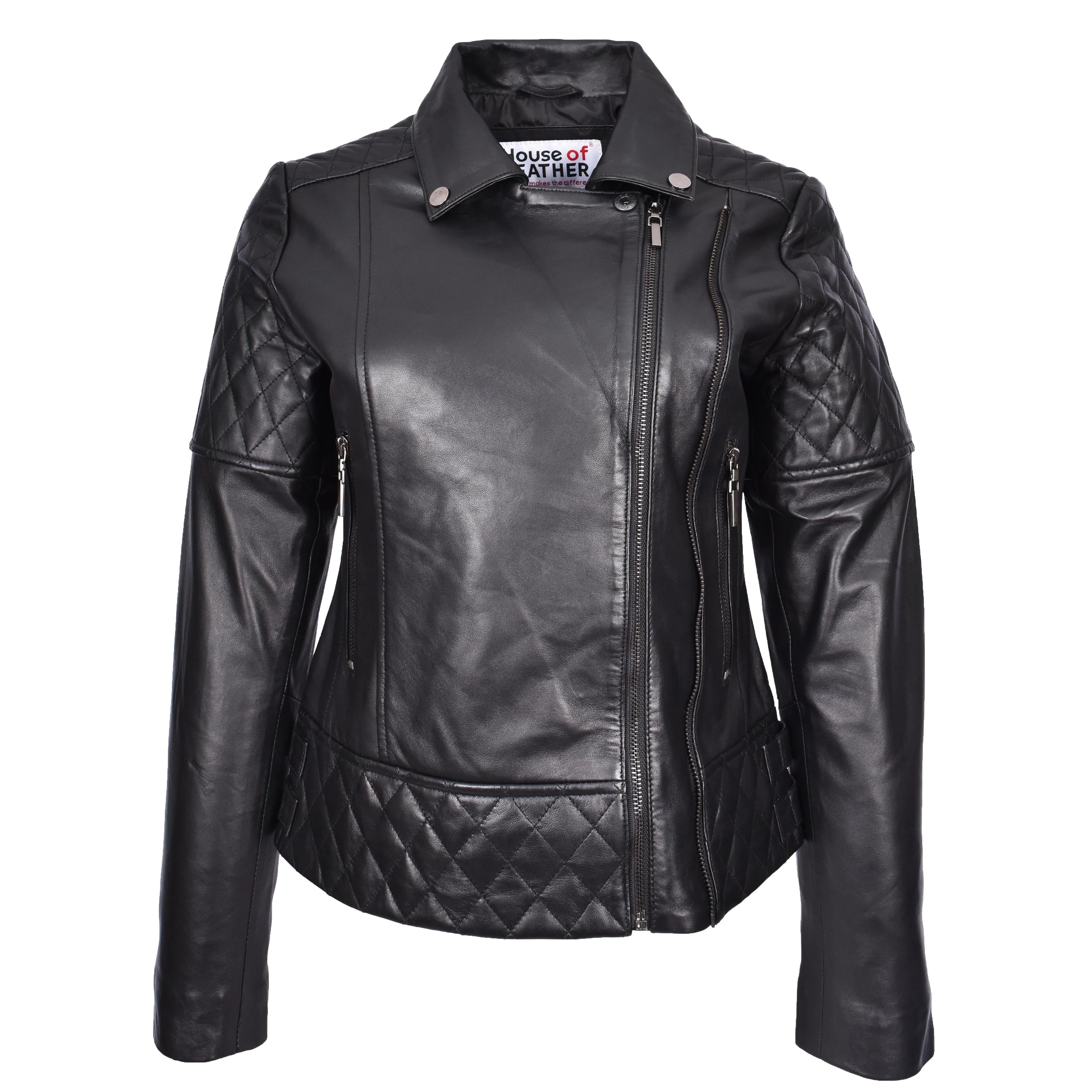 Women's Real Leather Jacket Multi Cross Zip Biker Style Fitted Quilted Nixi Black