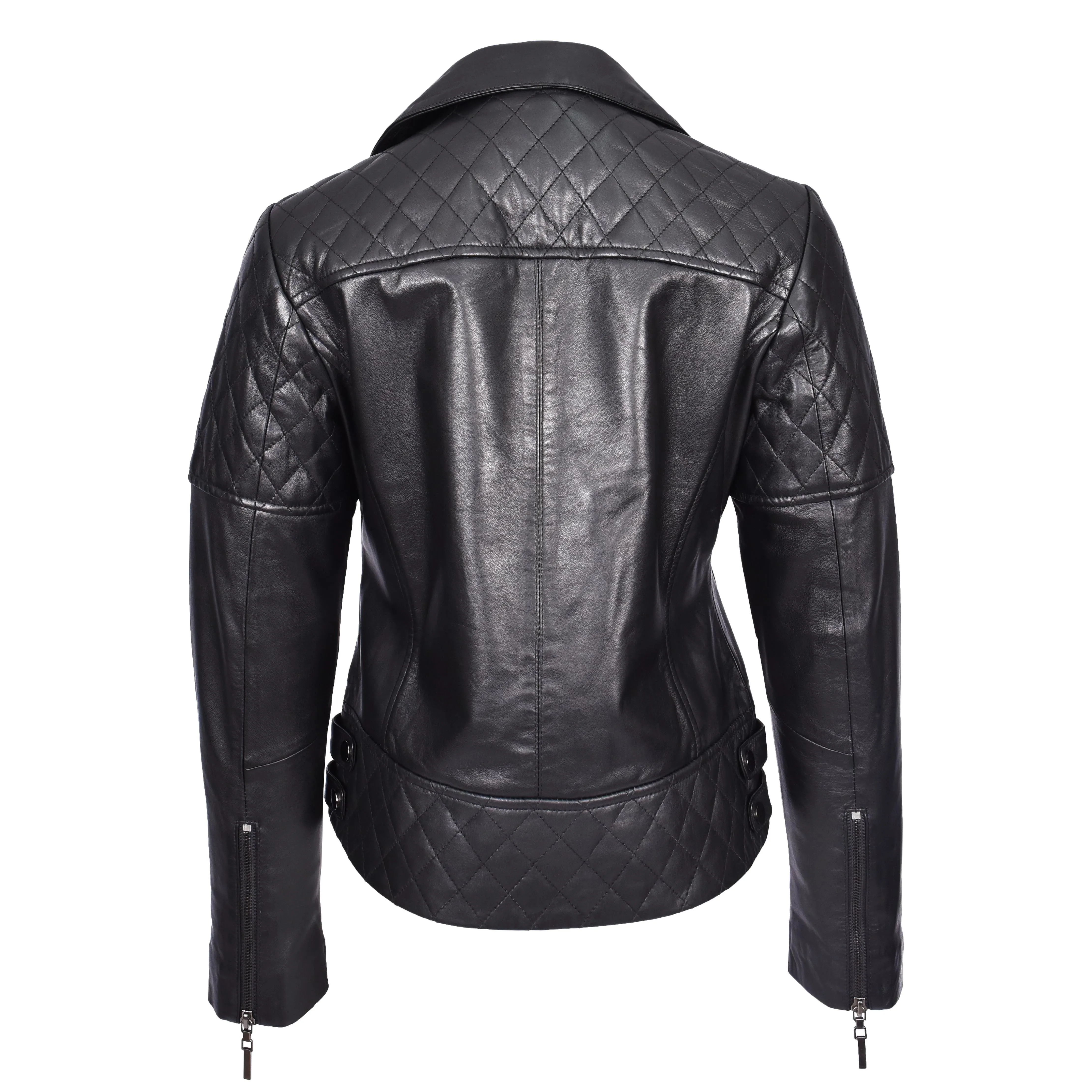 Women's Real Leather Jacket Multi Cross Zip Biker Style Fitted Quilted Nixi Black