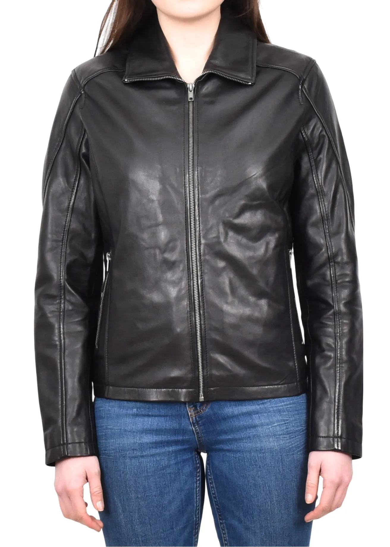 Womens Soft Black Leather Jacket Casual Biker Style Fitted Zip Fasten Aira