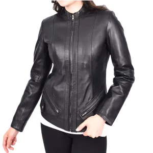 Womens Tailored Fit Band Collar Zip Up Biker Leather Jacket Honey Black