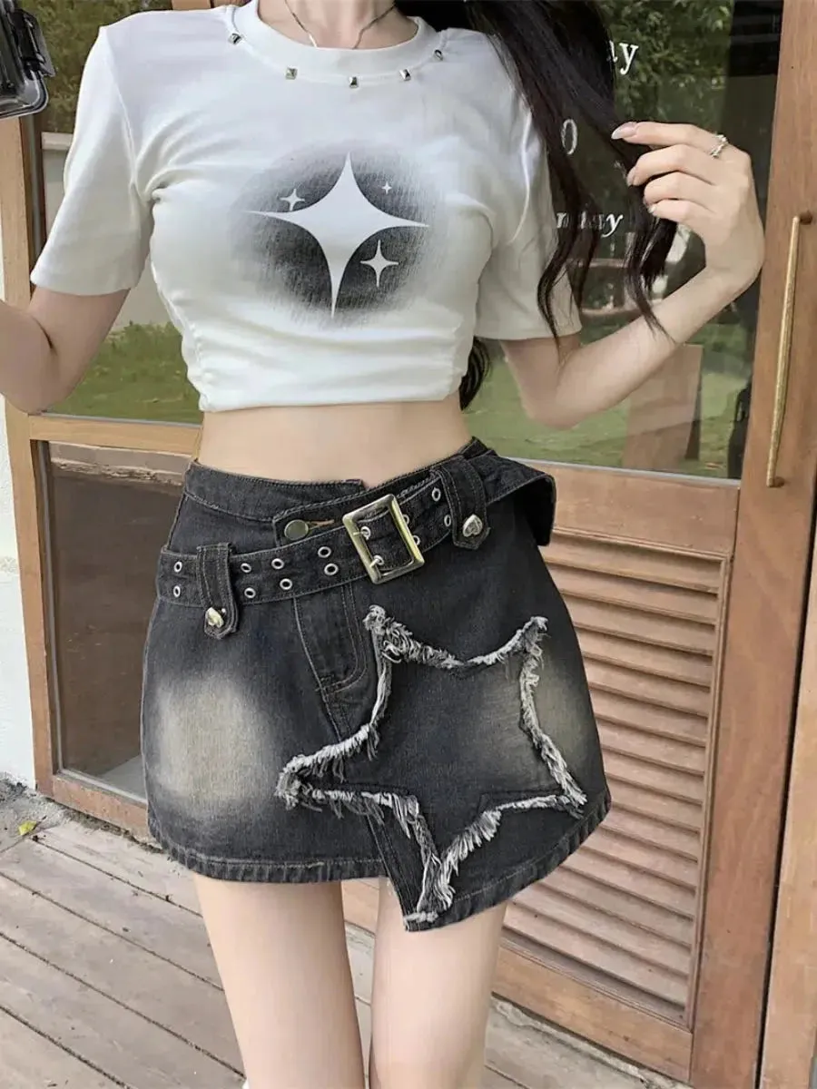 Y2K Star Asymmetric Denim Mini Skirt